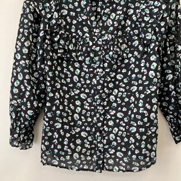 BA&SH Blake Top XS Black Leopard Print Ruffle Button Front 3/4 Sleeve Blouse - Picture 3 of 9